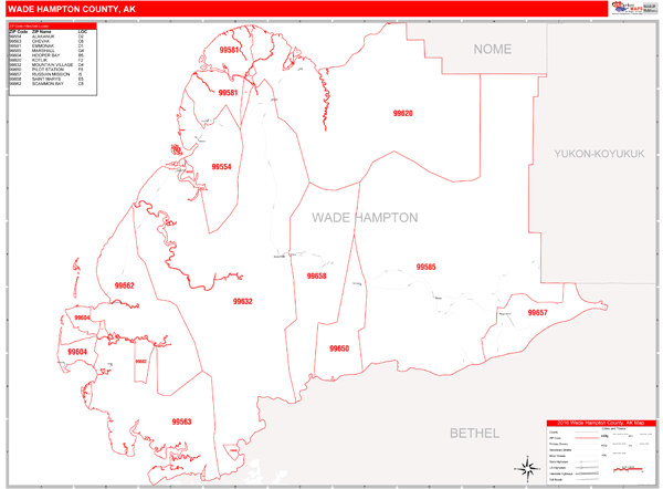 Wade Hampton County Wall Map Red Line Style